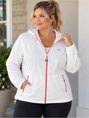 NAVISKIN Women’s White Hooded Windbreaker Jacket Coral Zip Plus Size 2XL